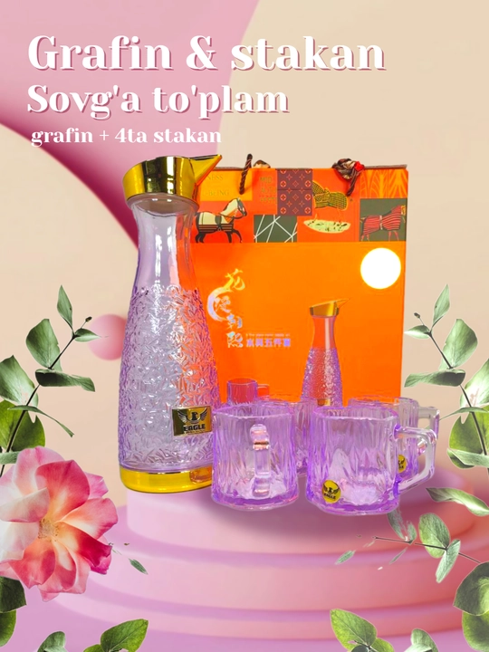 Grafin va 4 ta stakan to‘plami – bezakli shisha sovg‘a to‘plam - 