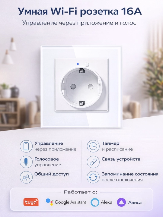 Wi-Fi aqlli rozetka 220V — Tuya/Smart Life, Alisa, Alexa, Google qo‘llab-quvvatlaydi