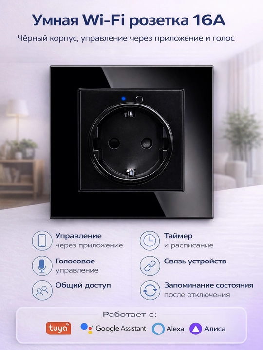 Wi-Fi aqlli rozetka 220V — Tuya/Smart Life, Alisa, Alexa, Google qo‘llab-quvvatlaydi