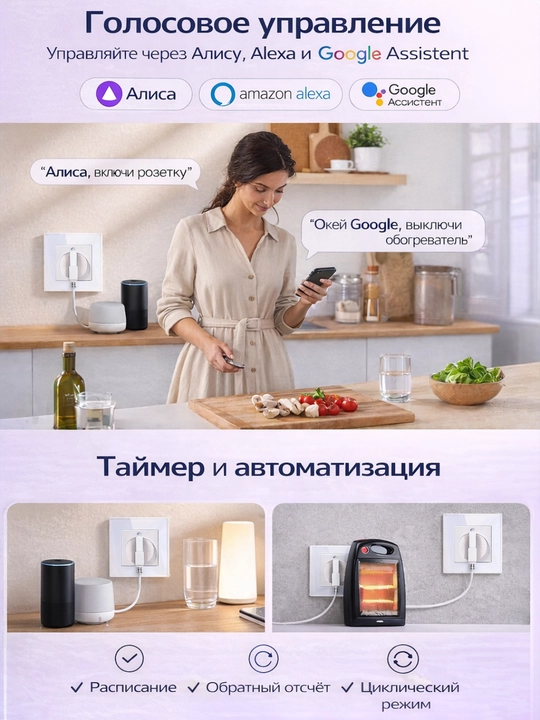 Wi-Fi aqlli rozetka 220V — Tuya/Smart Life, Alisa, Alexa, Google qo‘llab-quvvatlaydi