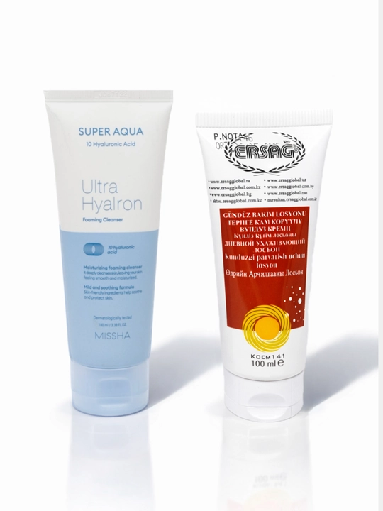 Missha Aqua Ultra Hyalron очищающая пенка, Ersağ дневной крем для лица, набор 2 шт