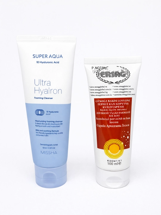 Missha Aqua Ultra Hyalron очищающая пенка, Ersağ дневной крем для лица, набор 2 шт