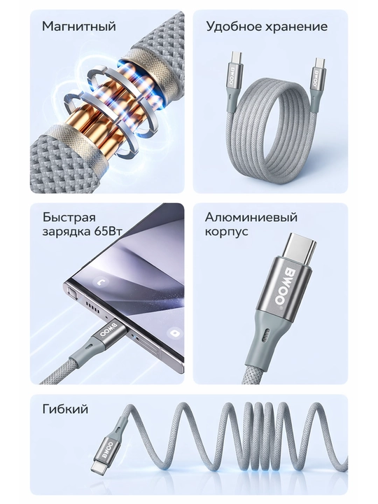 Magnitli kabel 65W, 1 m, tezkor quvvatlash va ma’lumot uzatish, alyuminiy konnektor