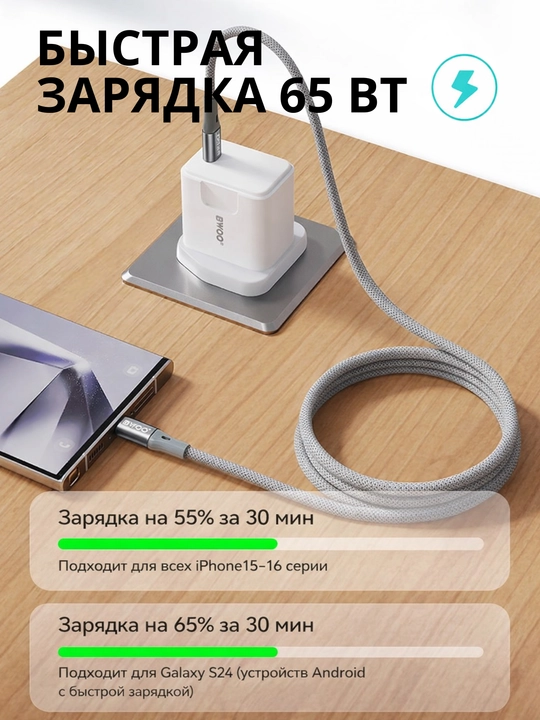 Magnitli kabel 65W, 1 m, tezkor quvvatlash va ma’lumot uzatish, alyuminiy konnektor