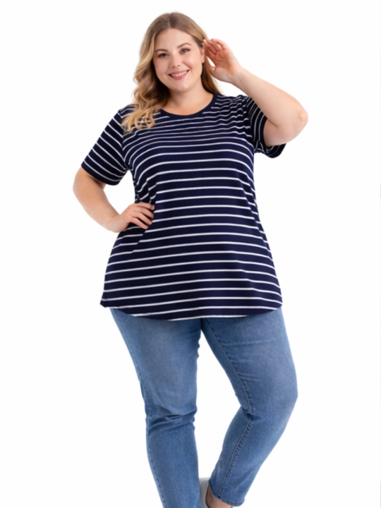 Ayollar futbolkasi WEERIT Plus Size Comfort 95% paxta 5% elastan 2XL–5XL chiziqli