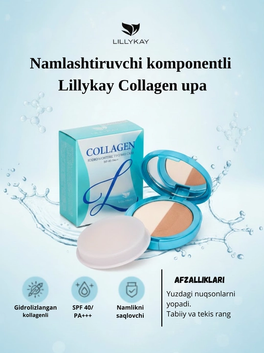 Namlashtiruvchi komponentli upa Lillykay Collagen Hydro Moisture Two Way Cake SPF40, ton21 - 