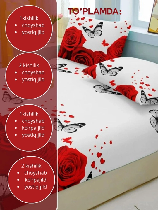Ikki kishilik va bir kishilik choyshab, ko‘rpa jild, yostiq jildi, choyshab