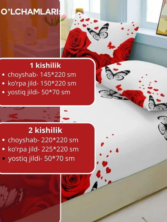Ikki kishilik va bir kishilik choyshab, ko‘rpa jild, yostiq jildi, choyshab
