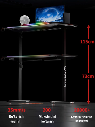 144×74 sm o‘lchamdagi elektr boshqariladigan kompyuter stoli, RGB yoritgichli, Level2 karbon stol 3