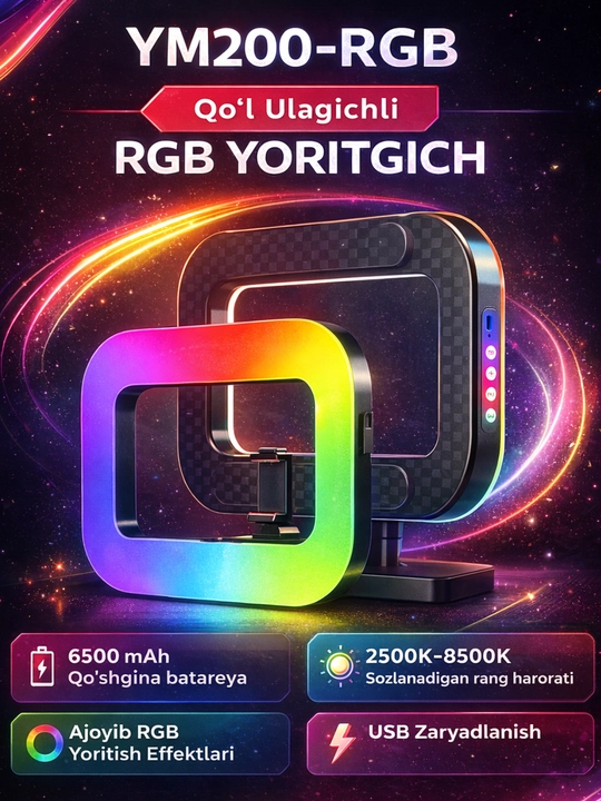 YM200-RGB kvadrat LED chiroq, 2500-8500K, USB-C, professional yoritish - 