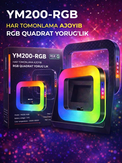 YM200-RGB kvadrat LED chiroq, 2500-8500K, USB-C, professional yoritish