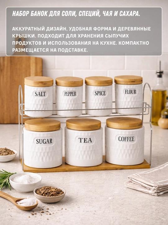 Кухонный набор из 7 банок для соли, специй, чая и кофе с удобной подставкой