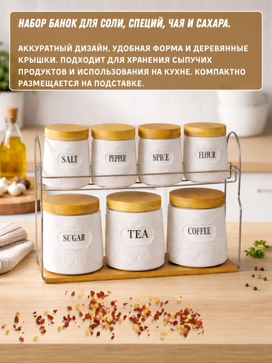 Кухонный набор из 7 банок для соли, специй, чая и кофе с удобной подставкой
