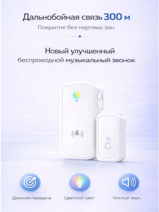 Simsiz eshik qo‘ng‘irog‘i 300 m, 38 melodiya, IP44, 4 daraja ovoz, LED indikator