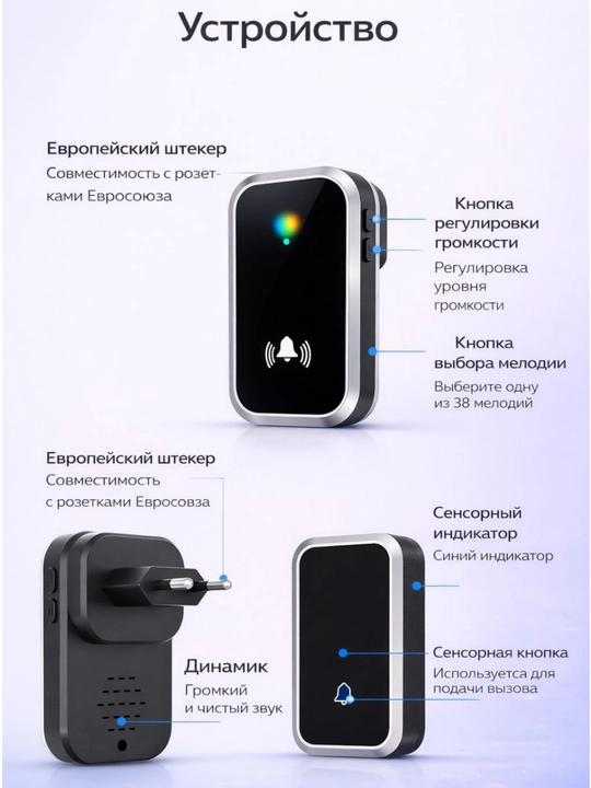 Simsiz eshik qo‘ng‘irog‘i 300 m, 38 melodiya, IP44, 4 daraja ovoz, LED indikator