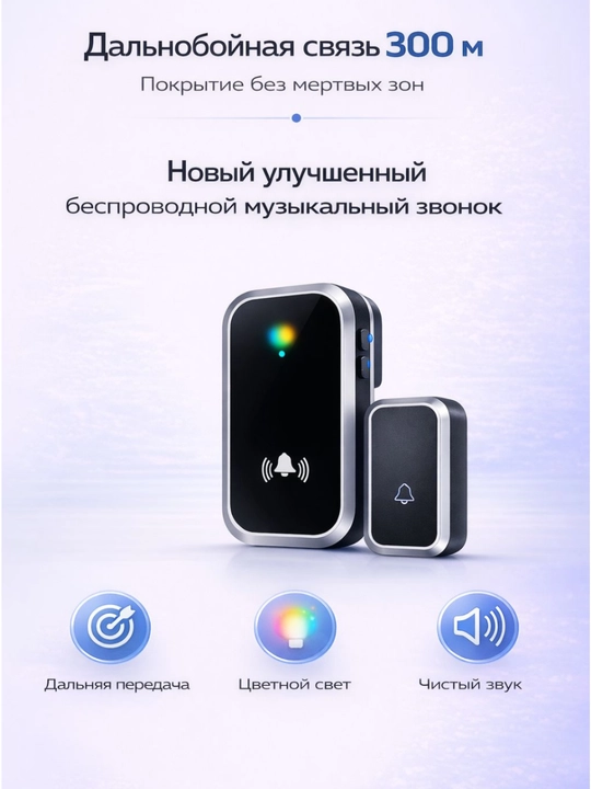 Simsiz eshik qo‘ng‘irog‘i 300 m, 38 melodiya, IP44, 4 daraja ovoz, LED indikator