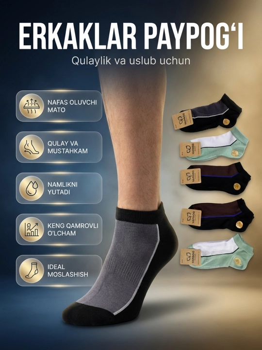 Erkaklar paypog‘i, 90% paxtadan, 5 juft