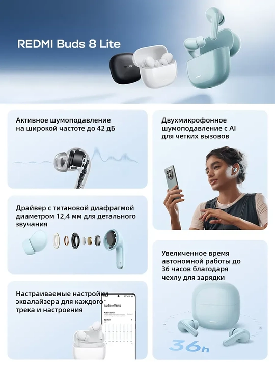 Беспроводные наушники Redmi Buds 8 Lite, с шумоподавлением ANC, глобал, Андроид и iOs