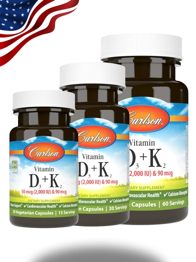 Carlson Vitamin D3 + K2 vitamini, 2000 IU, suyak va yurak salomatligi, 30/60/120 kapsula - 
