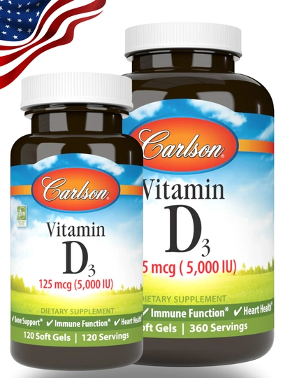 Karlson D3 vitamini 5000 ME (125 mkg), kattalar uchun D3 vitamini, AQSH (120/360 kapsula) - 