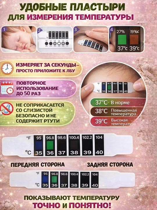 Термометр-полоска на лоб детский 3 шт, многоразовый без ртутный градусник, термополоска