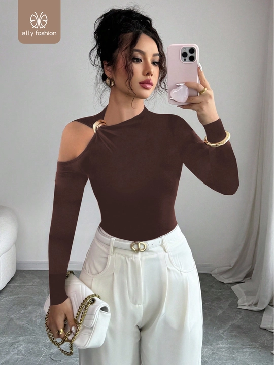 Женский лонгслив облегающий с вырезом на плече - EllyFashion
