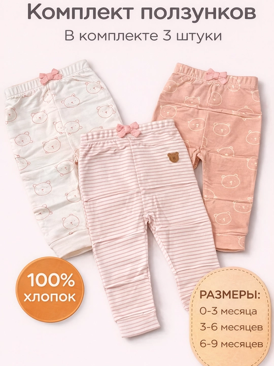 Qizaloqlar uchun polzunki to‘plami 3 dona, 100% paxta - 