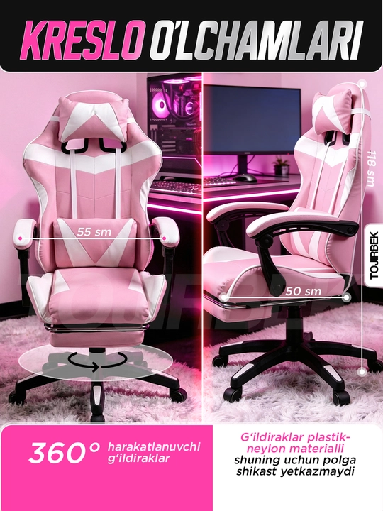 Gaming kreslo TOJIRBEK, kompyuter va ofis uchun, oyoq qo'ygichli o'rindiq