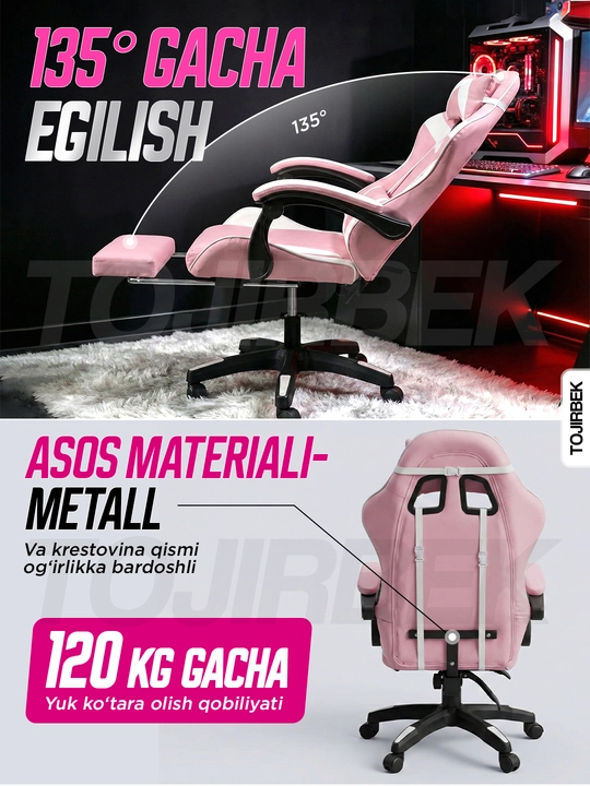 Gaming kreslo TOJIRBEK, kompyuter va ofis uchun, oyoq qo'ygichli o'rindiq