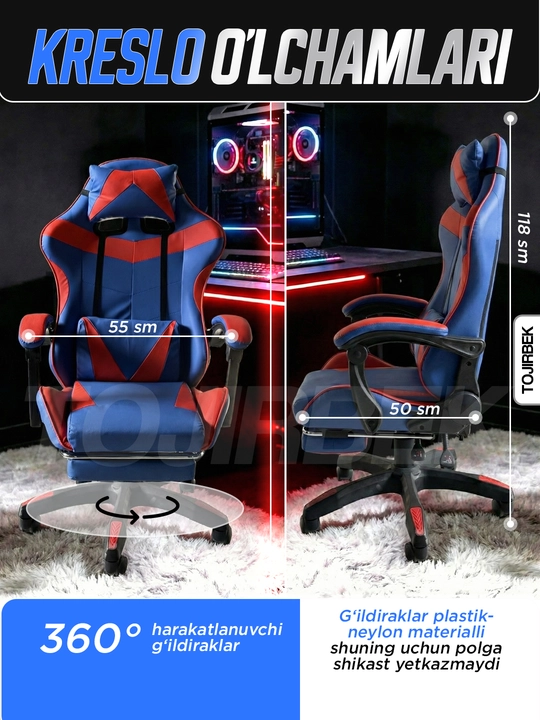 Gaming kreslo TOJIRBEK, kompyuter va ofis uchun, oyoq qo'ygichli o'rindiq