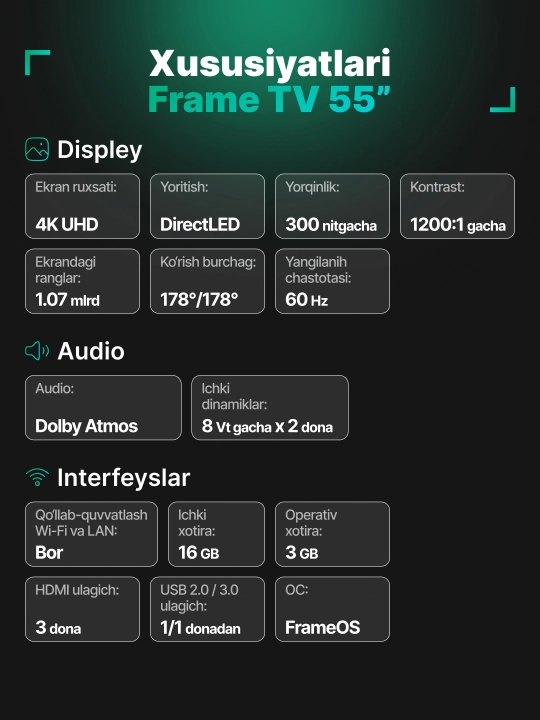 Телевизор smart - Frame TV 55", 65", 75", 86" 4K UHD с онлайн-кинотеатром и ТВ-каналами