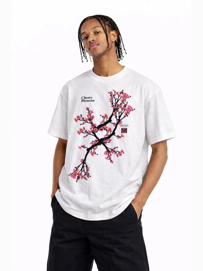 "Cherry Blossom" bosma naqshli katta o‘lchamli Y2K futbolkasi, uniseks, oq rang