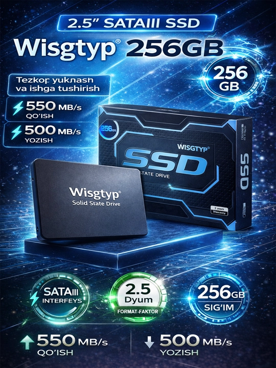 SSD-накопитель Wisgtyp 2.5" SATA III 256GB, для ноутбуков и компьютеров - 