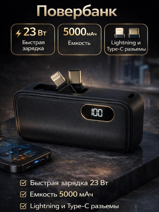 Power Bank 5000 mAh — удобен для переноски, для iPhone и Android