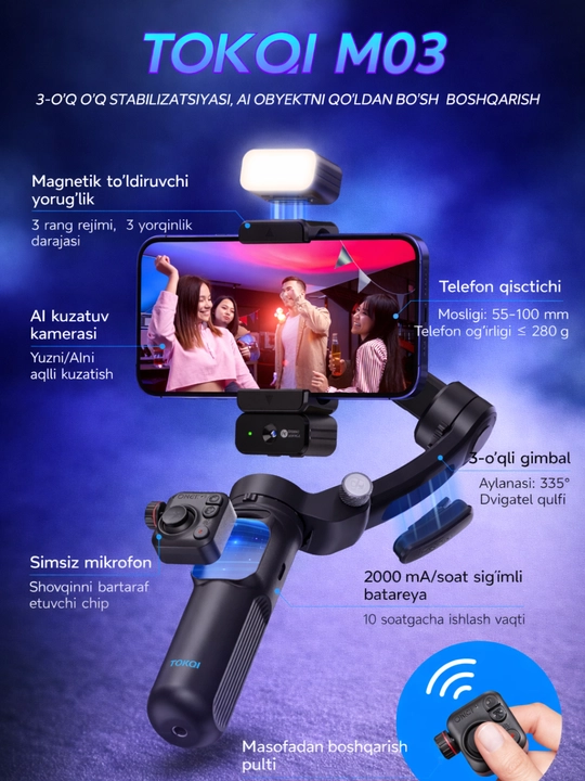 M03 3-Axis Telefon Stabilizatori AI Kuzatuv va Mikrofon bilan - 