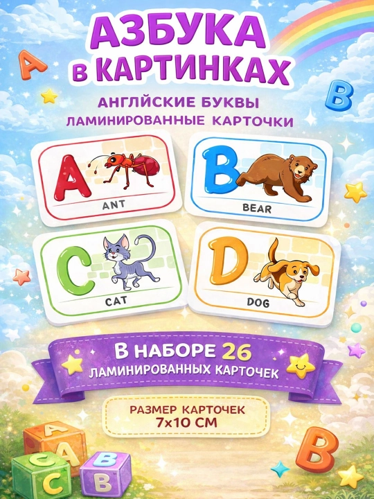 Азбука в картинках, Узбекские Арабские Русские и Английские буквы, ламинированные карточки - 