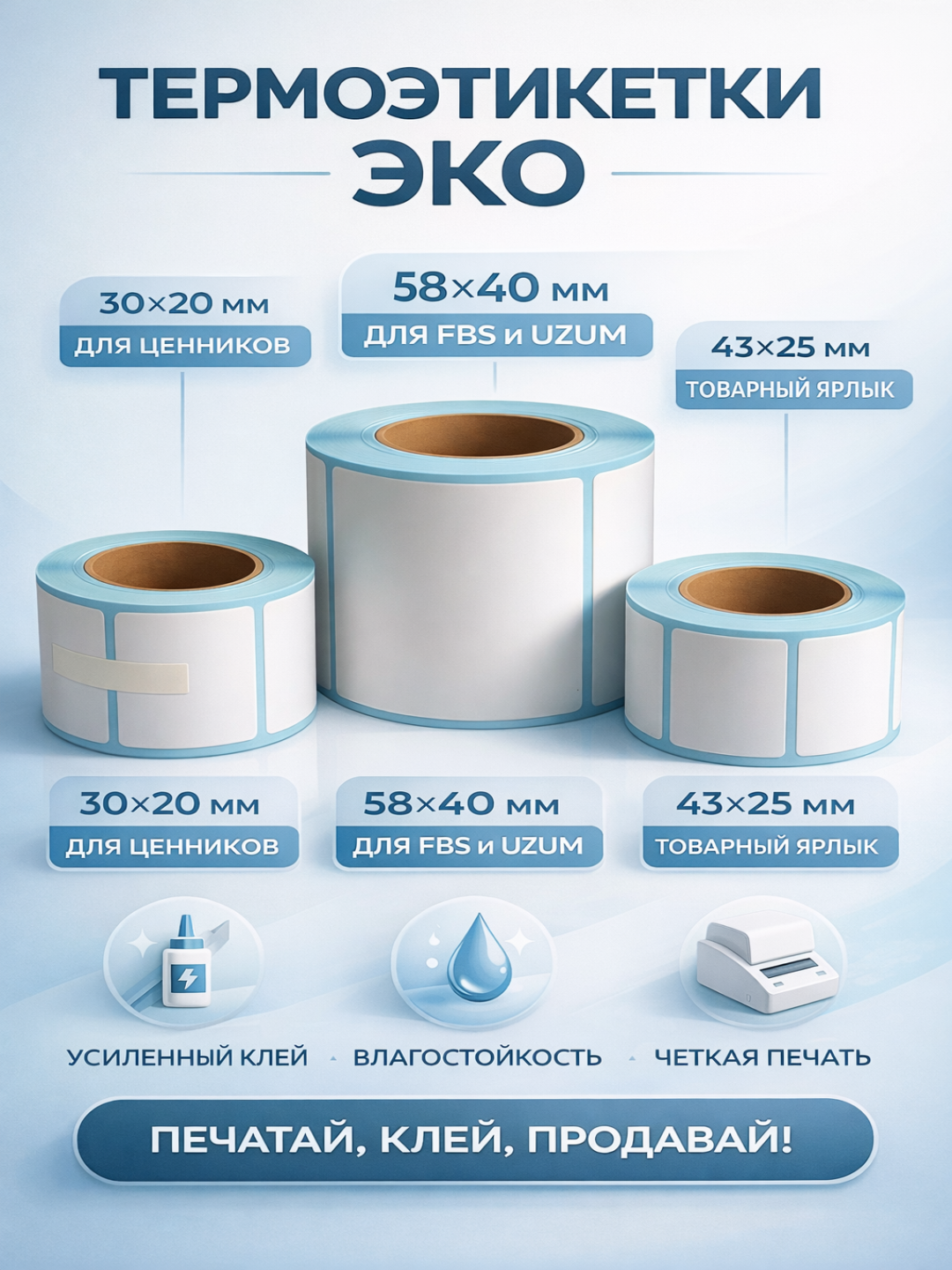 Termoetiketka EKO 58x40,43x25,30x20,o'zi yopishuvchi stikerlar,termorulo,shtrix kod uchun - 