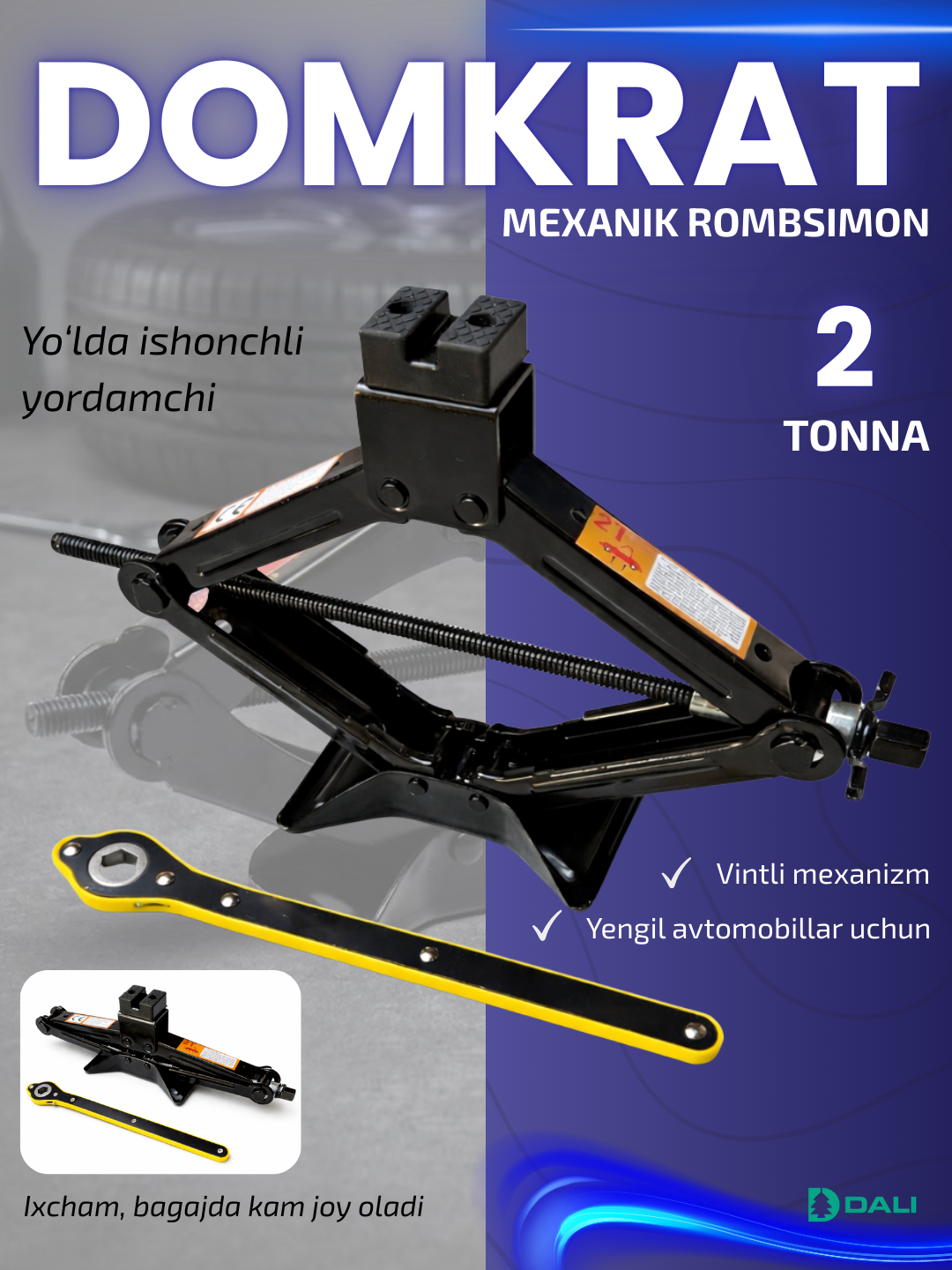 Mexanik rombsimon domkrat avtomobil uchun, 1 - 1.5 - 2 - 2.5 - 3 tonna