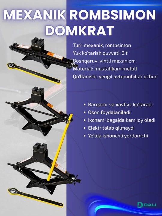 Mexanik rombsimon domkrat avtomobil uchun, 1 - 1.5 - 2 - 2.5 - 3 tonna