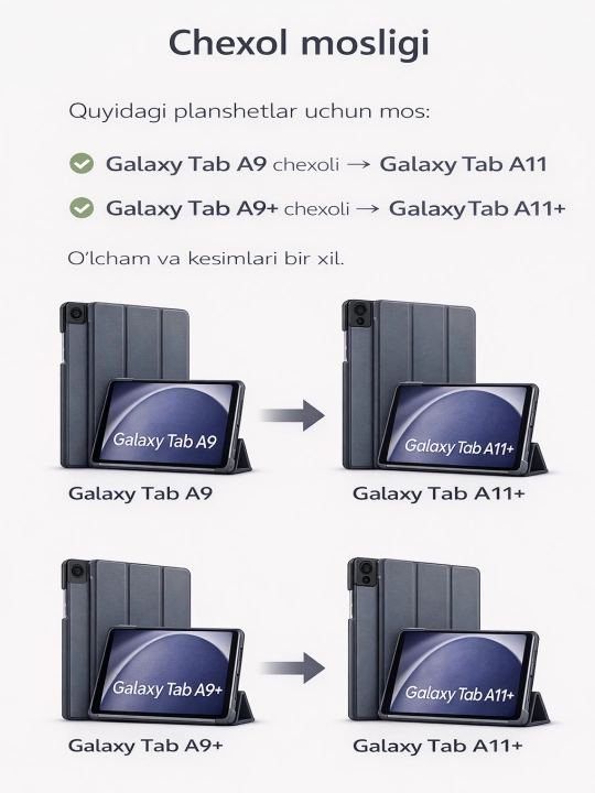 Samsung Galaxy Tab A11+, A11, A9+, A9, A8, A7 plansheti uchun g‘ilof
