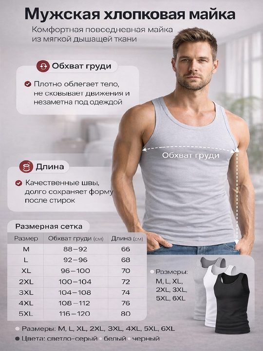 Erkaklar uchun klassik ichki mayka, 100% paxta, nafas oluvchi, qulay bazaviy майка M-6XL - 