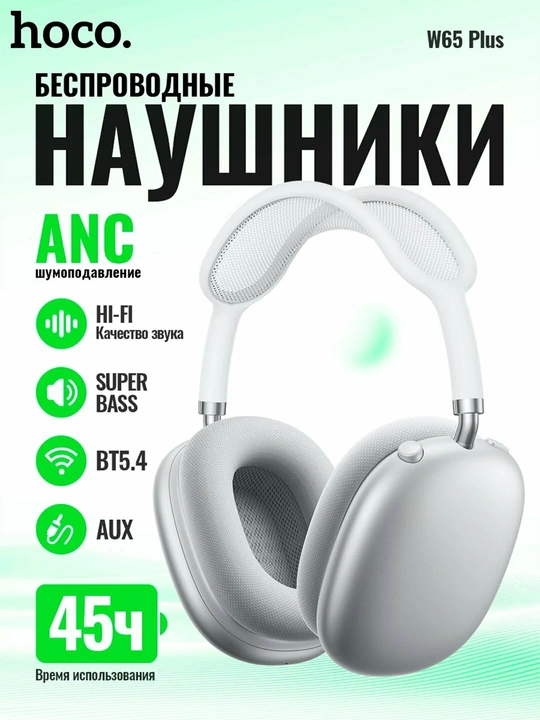 Наушники Hoco W65 Plus ANC беспроводные, Bluetooth 5.4, до 45 ч, ANC до 32 ч, 400 мАч, 2 ч - 