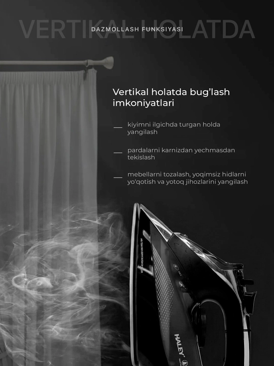 Bug‘li dazmol  HY-207I, 2600 Vt, keramika taglik, 500 ml, vertikal bug‘lash