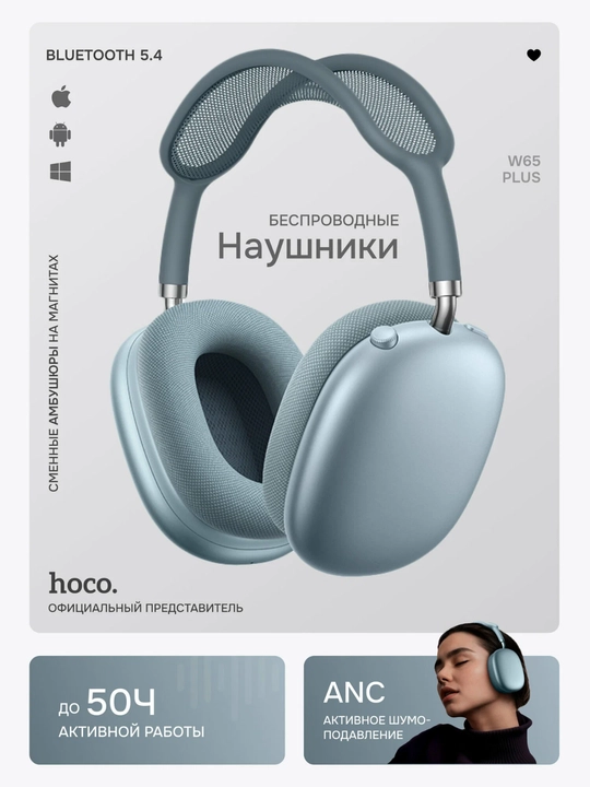 Наушники Hoco W65 Plus ANC беспроводные, Bluetooth 5.4, до 45 ч, ANC до 32 ч, 400 мАч, 2 ч