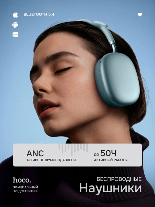 Наушники Hoco W65 Plus ANC беспроводные, Bluetooth 5.4, до 45 ч, ANC до 32 ч, 400 мАч, 2 ч - 
