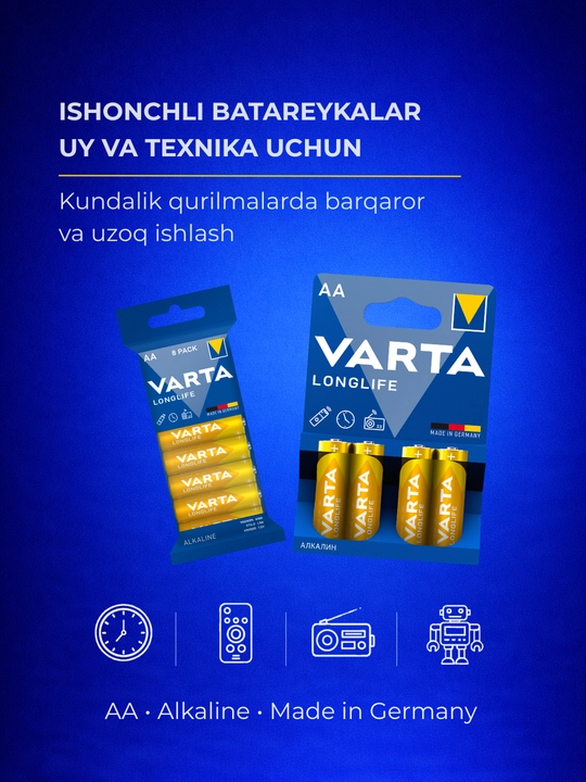 Batareykalar VARTA Longlife AA (LR6) 4-8 dona — o'yinchoq, pult, fonar - 