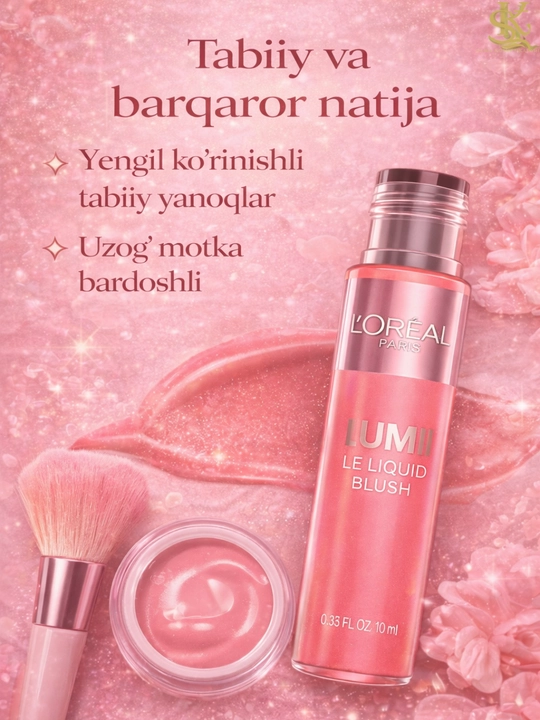 Suyuq rumyana L’Oréal Paris Lumi-tabiiy nam va yaltiroq effekt,tez singadi,oson yoyiladi