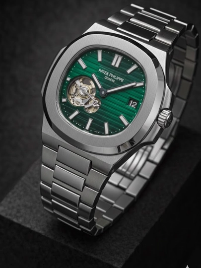 Мужские механические часы Patek Philippe, автоподзавод, в подарочной упаковке — WATCH11-280W004-ТЕМНЗЕЛ