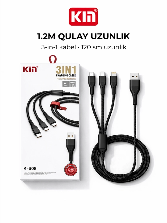 Кабель KIN K-S08 3в1 Lightning/Type-C/Micro USB, 120 см, 2.4A, нейлоновая оплётка