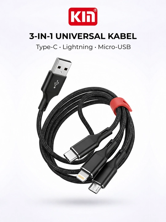 Кабель KIN K-S08 3в1 Lightning/Type-C/Micro USB, 120 см, 2.4A, нейлоновая оплётка - 